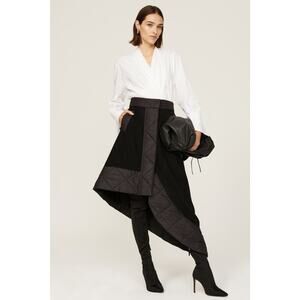 Mossi Black Asymmetrical A-Line Wool Quilted Trim Avant Garde Midi Skirt 12